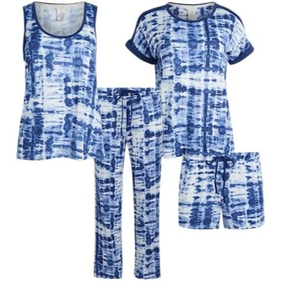 Lucky Brand 4-Piece Blue Tie Dye Lounge Set w/Tank Top, T-shirt, Shorts & Pants - Picture 2 of 16